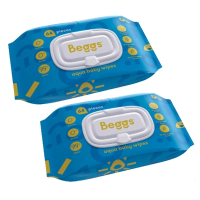 Beggs chusteczki nawilżane dla dzieci spłukiwalne 2 x 64 sztuki 