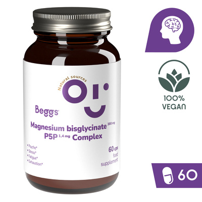 Beggs Magnesium bisglycinate 380 mg + P5P COMPLEX 1,4 mg suplement magnez witamina B6 60 kapsułek