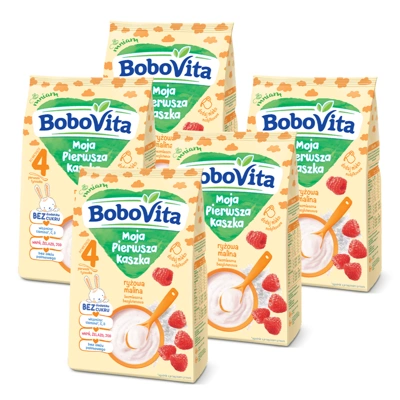 Bobovita Moja Pierwsza Kaszka ryżowa o smaku malinowym po 4. miesiącu ZESTAW 5x180g