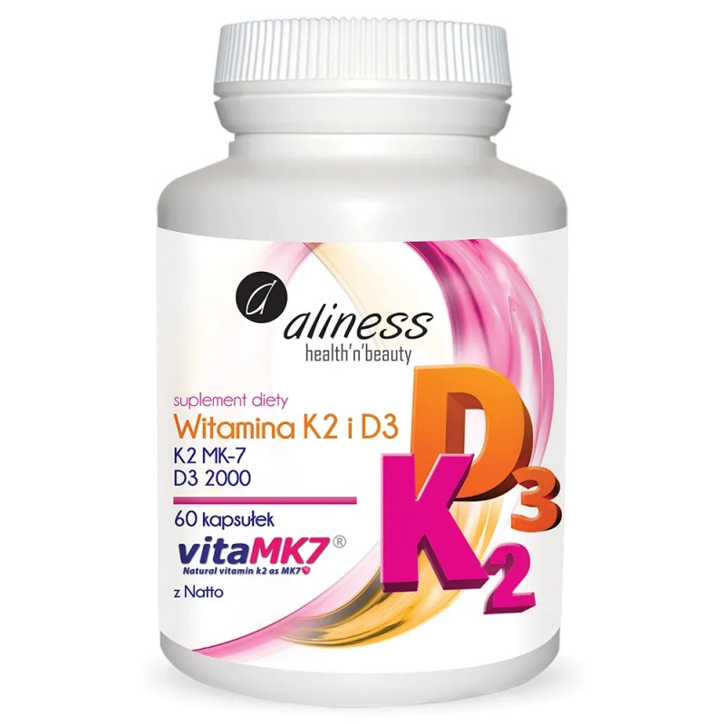 Aliness Witamina K2 MK-7 100 μg + D3 2000 j.m. KRZEPNIĘCIE KRWI, KOŚCI 60 kapsułek