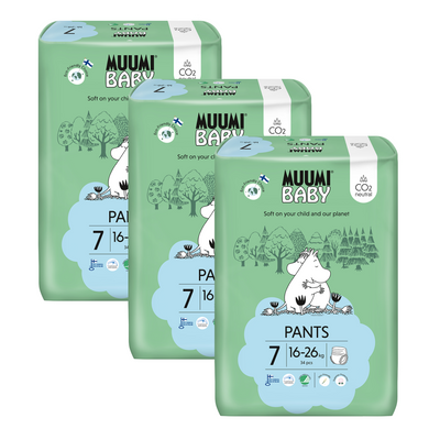 Muumi Baby Pants 7 XL 16-26 kg (102 szt), miesięczne opakowanie eko pieluchomajtek