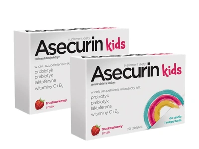 Asecurin Kids smak truskawkowy ZESTAW 2 x 20 tabletek do ssania i rozgryzania