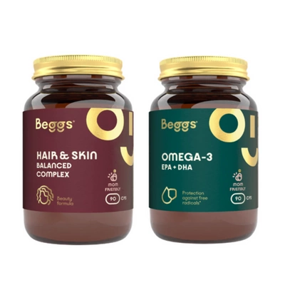 Beggs piękno od środka zestaw dwóch suplementów na włosy, skórę i paznokcie oraz olej rybi