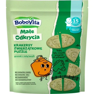 BoboVita krakersy zwierzątkowe puzzle groszek z nutą bazylii po 15 miesiącu 105 g