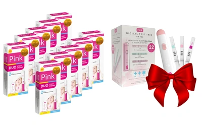 PINK DUO test ciążowy strumieniowy i płytkowy zestaw 10 opakowań + zestaw do monitorowania płodności GRATIS!