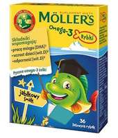 Moller's Omega-3 Rybki różne smaki żelki odporność tran odporność 4x36 sztuk + PIÓRNIK GRATIS!