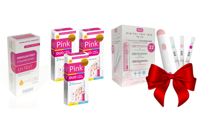Pink test owulacyjny 5 sztuk + test ciążowy strumieniowy i płytkowy 3 opakowania + zestaw do monitorowania płodności GRATIS!