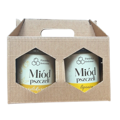 Pasieka Rodzinna zestaw prezentowy miód wielokwiatowy i lipowy z rączką 2 x 410 g