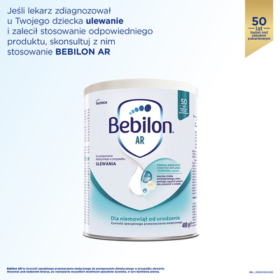 Bebilon AR Żywność specjalnego przeznaczenia medycznego dla niemowląt od urodzenia w przypadku ulewania ZESTAW 6 x 400 g