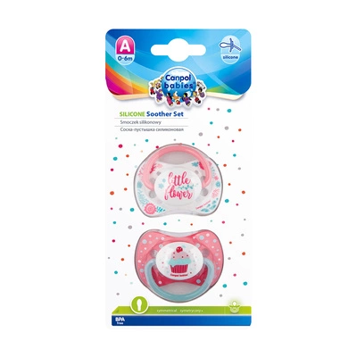 Canpol Zestaw smoczków uspokajających 23/954 silikon 0-6m symetryczny wild nature + cupcake różowe 2 sztuki