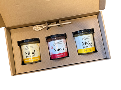 Pasieka Rodzinna zestaw prezentowy miód malina, lipa, wielokwiatowy 3 x 410 g