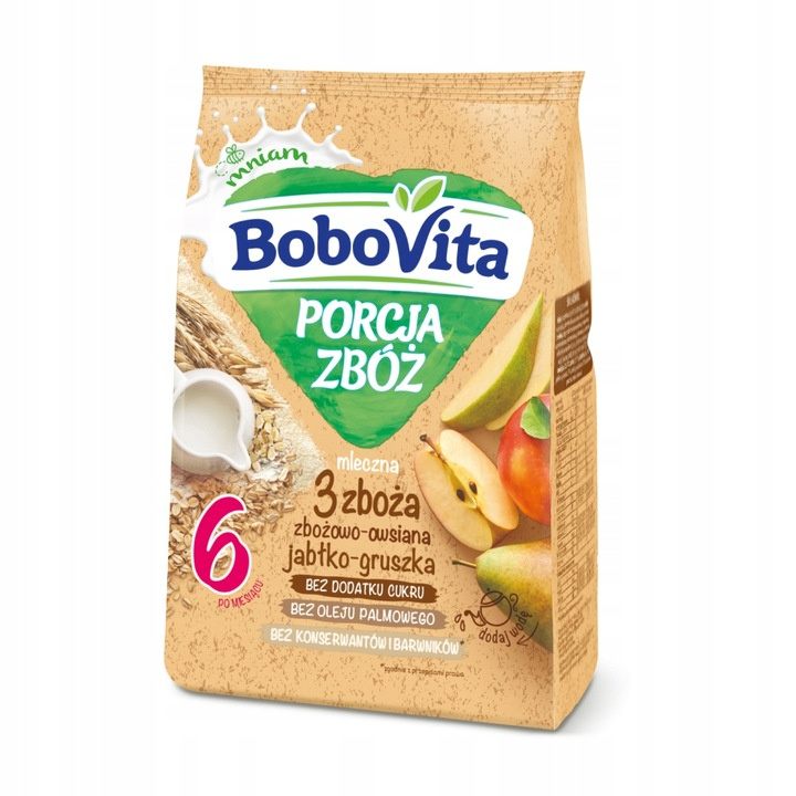 Bobovita Porcja Zbóż kaszka mleczna 3 zboża zbożowo-owsiana jabłko-gruszka 210g