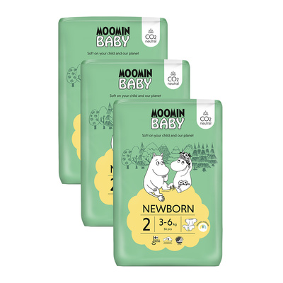 Moomin Baby 2 Newborn 3–6 kg (168 szt), miesięczne opakowanie eko pieluszek