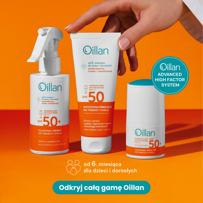 Oillan ochronny roll-on przeciwsłoneczny do twarzy i ciała z filtrem SPF50 do skóry wrażliwej 50 ml