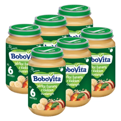 BoboVita Jabłka i banany z kleikiem owsianym po 6. miesiącu zestaw 6x190g 