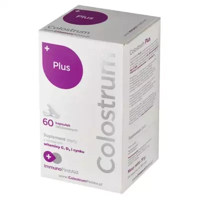 Colostrum PLUS 40% IgG Wit. C, D i Cynk ImmunoFirstAid regeneracja odporność 500mg  60 kapsułek