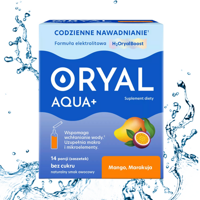Oryal Aqua+ elektrolity z prebiotykiem mango marakuja 14 saszetek