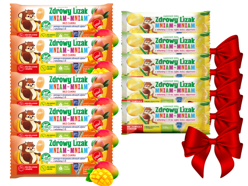 Zdrowy lizak dla dzieci mniam mniam z witaminami smak mango ŁEZKA 5 sztuk + GRATIS!