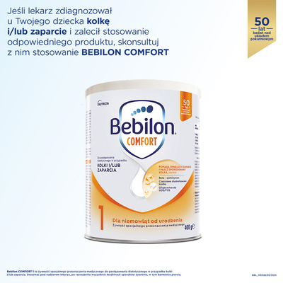 Bebilon Comfort 1 Żywność specjalnego przeznaczenia medycznego dla niemowląt od urodzenia w przypadku kolki lub zaparcia 400 g