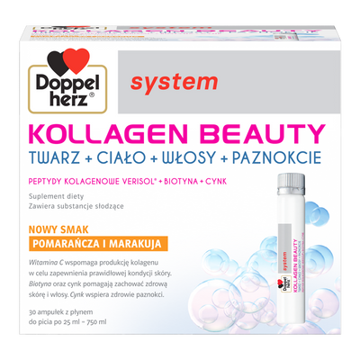 Doppelherz system KOLLAGEN BEAUTY smak POMARAŃCZA I MARAKUJA 30 ampułek po 25 ml