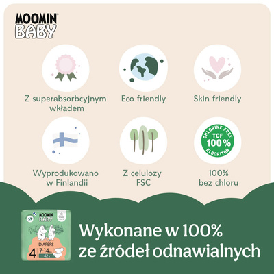 Moomin Baby 4 Maxi 7–14 kg (42 szt), eko pieluszki + CHUSTECZKI BEGGS GRATIS!