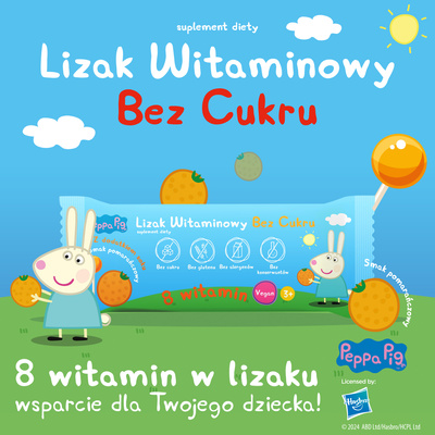Lizaki witaminowe Świnka Peppa BEZ CUKRU smak pomarańczowy 1 sztuka