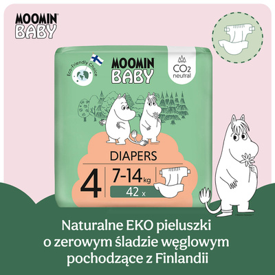 Moomin Baby 4 Maxi 7–14 kg (42 szt), eko pieluszki + CHUSTECZKI BEGGS GRATIS!