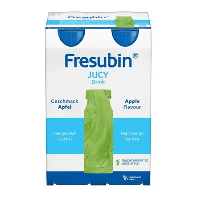 Fresubin Jucy Drink, smak jabłkowy, 4 x 200 ml. Żywność specjalnego przeznaczenia medycznego. Zaburzenia wchłaniania tłuszczu