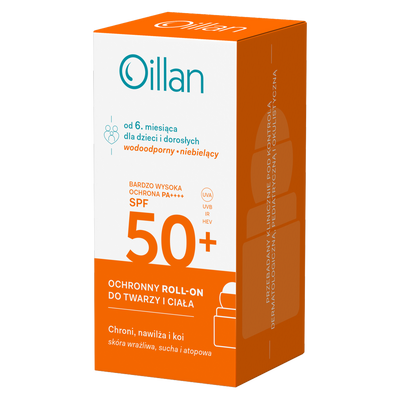 Oillan ochronny roll-on przeciwsłoneczny do twarzy i ciała z filtrem SPF50 do skóry wrażliwej 50 ml