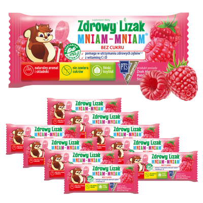 Zdrowy lizak dla dzieci mniam mniam z witaminami smak malinowy ZESTAW 10 sztuk