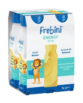 Frebini Energy Drink, smak bananowy, 4 x 200 ml. Żywność specjalnego przeznaczenia medycznego. Dla dzieci 1 - 12 lat