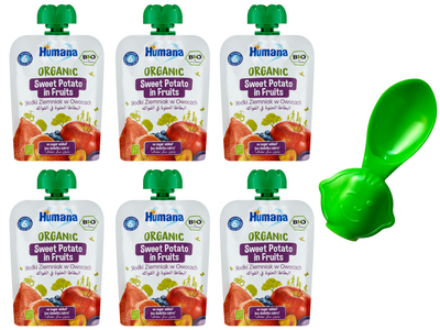 Humana Organic Mus słodki ziemniak w owocach po 6. miesiącu ZESTAW 6 x 90 g + ŁYŻECZKA DO MUSÓW GRATIS!