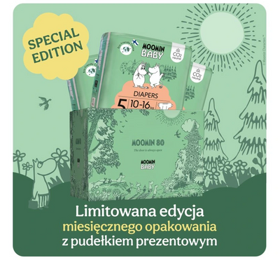 Moomin Baby 5 Maxi 10 -16 kg (120 szt.), jubileuszowe, miesięczne opakowanie eko pieluszek z pudełkiem prezentowym