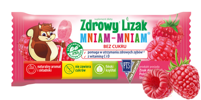 Zdrowy lizak dla dzieci mniam mniam z witaminami smak malinowy ZESTAW 10 sztuk