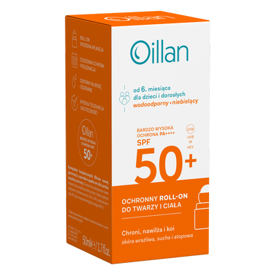 Oillan ochronny roll-on przeciwsłoneczny do twarzy i ciała z filtrem SPF50 do skóry wrażliwej 50 ml