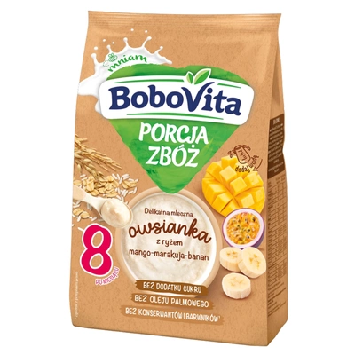 BoboVita Porcja Zbóż mleczna owsianka z ryżem, mango, marakują i bananem po 8. miesiącu życia 210 g