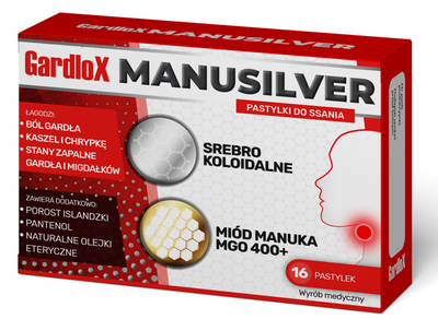 Gardlox Manusilver pastylki do ssania 16 sztuk  srebro koloidalne, miód manuka