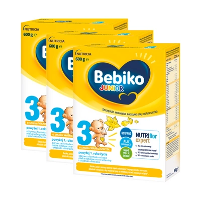 Bebiko Junior 3 Odżywcza formuła na bazie mleka dla dzieci powyżej 1. roku o smaku waniliowym 3x600 g