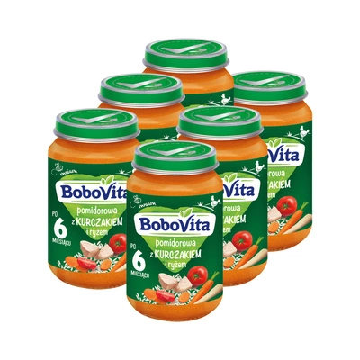 BoboVita Pomidorowa z kurczakiem i ryżem obiadek po 6. miesiącu ZESTAW 6x190g