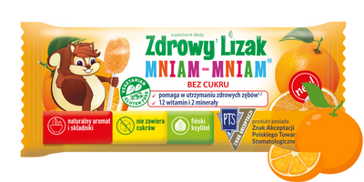 Zdrowy lizak dla dzieci mniam mniam z witaminami smak pomarańczowy ZESTAW ŁEZKA 10 sztuk