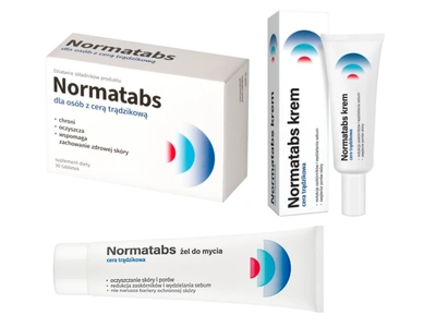 Normatabs ZESTAW suplement dla cery trądzikowej, krem i żel