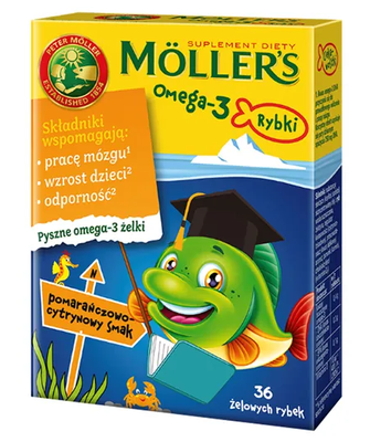 Moller's Omega-3 Rybki różne smaki żelki odporność tran odporność 4x36 sztuk + PIÓRNIK GRATIS!