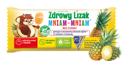 Zdrowy lizak dla dzieci mniam mniam z witaminami smak ananasowy ZESTAW ŁEZKA 10 sztuk + 2 LIZAKI GRATIS!