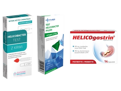 Zestaw Helicobacter Pylori, test z krwi i kału i probiotyk Helicogastrin