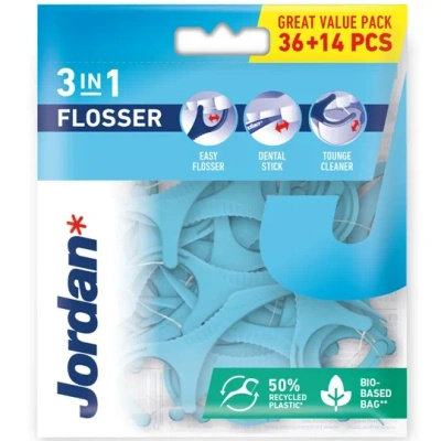 Jordan Flosser 3w1 nić dentystyczna wykałaczka i czyścić do języka 36 + 14 sztuk
