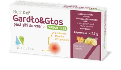 Nutrileya NutriDef Gardło&Głos na chrypę i gardło smak miodu i cytryny bez cukru 20 tabletek do ssania