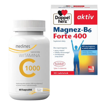 Doppelherz Magnez-B6 FORTE 400 + Medimes witamina C ZESTAW SUPLEMENTÓW 2 sztuki