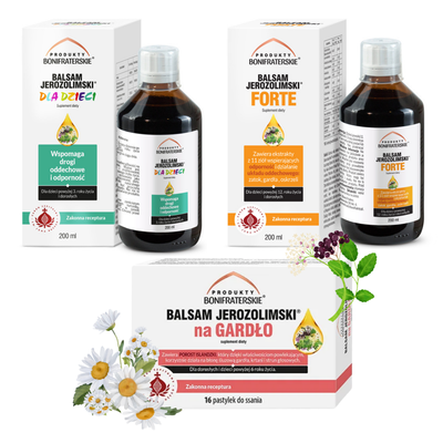 Produkty Bonifraterskie Balsam Jerozolimski dla całej rodziny + pastylki na gardło 3 opakowania