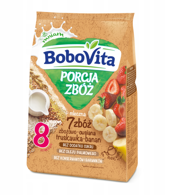 Bobovita Porcja Zbóż kaszka mleczna 7 zbóż truskawkowo-bananowa 210g