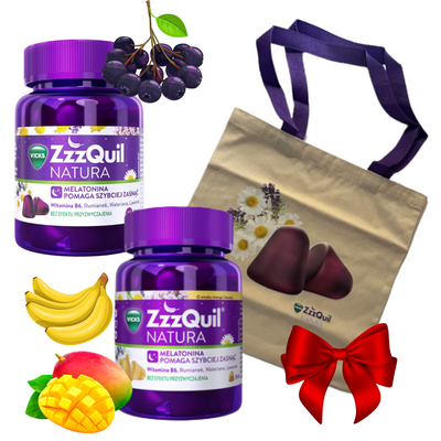 ZzzQuil Natura Zestaw owocowe żelki o smaku mango banan i owoce leśne z melatoniną 30 szt. 2 opakowania + torba gratis